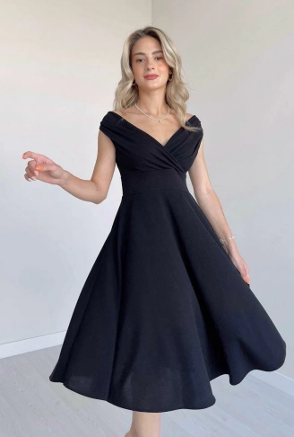 Kadın Kısa Kollu Kruvaze Yaka Eteği Volanlı Krep Elbise