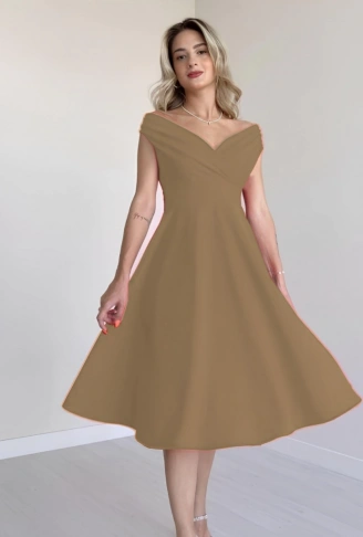 Kadın Kısa Kollu Kruvaze Yaka Eteği Volanlı Krep Elbise