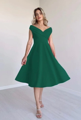 Kadın Kısa Kollu Kruvaze Yaka Eteği Volanlı Krep Elbise