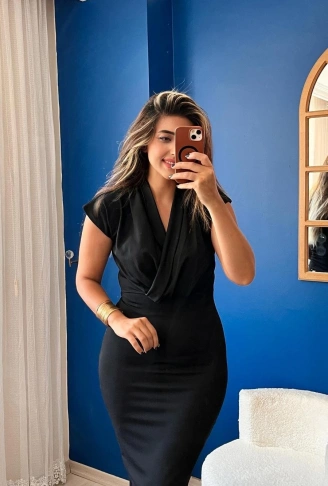 Kadın Kısa Kollu Kruvaze Yaka Krep Elbise (Kemersiz)