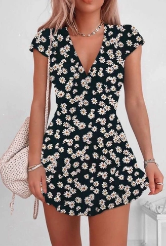 Kadın Kısa Kollu Kruvaze Yaka Papatya Baskılı Krep Elbise