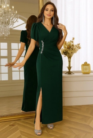 Kadın Kısa Kollu Kruvaze Yakalı Belden çiçek Aksesuarlı Yırtmaçlı Ithal Krep Elbise