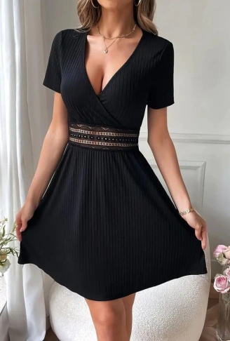 Kadın Kısa Kollu Kruvaze Yakalı Belden Dantelli Kaşkorse Elbise