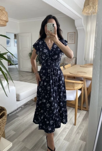 Kadın Kısa Kollu Kruvaze Yakalı Beli Lastikli çiçek Desenli Elbise