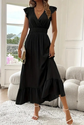 Kadın Kısa Kollu Kruvaze Yakalı Beli Lastikli Müslim Elbise