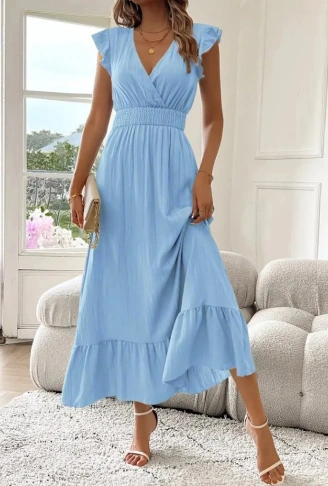 Kadın Kısa Kollu Kruvaze Yakalı Beli Lastikli Müslim Elbise