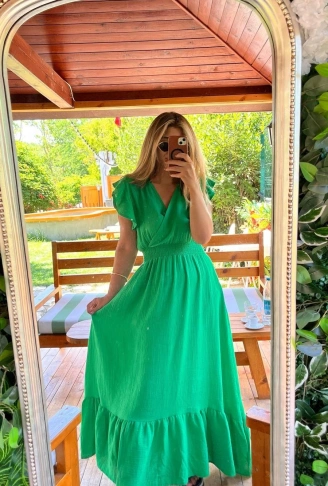 Kadın Kısa Kollu Kruvaze Yakalı Beli Lastikli Müslim Elbise