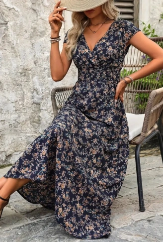 Kadın Kısa Kollu Kruvaze Yakalı çiçek Desenli Belden Lastikli Süprem Uzun Elbise