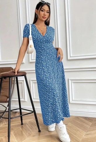 Kadın Kısa Kollu Kruvaze Yakalı çiçek Desenli Süprem Elbise