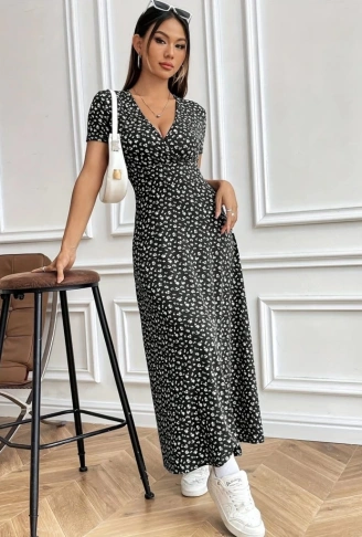 Kadın Kısa Kollu Kruvaze Yakalı çiçek Desenli Süprem Elbise