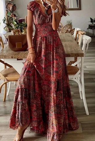 Kadın Kısa Kollu Kruvaze Yakalı Desenli Maksi Boy Süprem Elbise