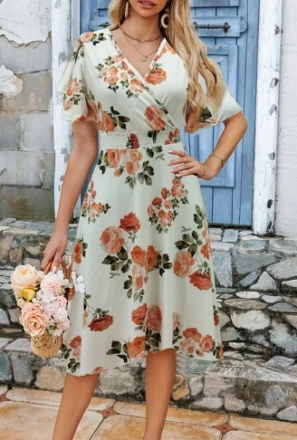 Kadın Kısa Kollu Kruvaze Yakalı Desenli Süprem Kısa Elbise