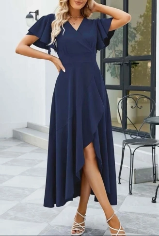 Kadın Kısa Kollu Kruvaze Yakalı ön Asimetrik Volanlı Uzun Ithal Krep Elbise