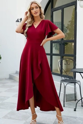 Kadın Kısa Kollu Kruvaze Yakalı ön Asimetrik Volanlı Uzun Ithal Krep Elbise