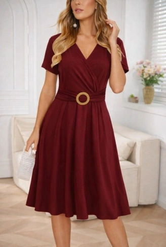 Kadın Kısa Kollu Kruvaze Yakalı önden Toka Detaylı Kısa Viskon Elbise