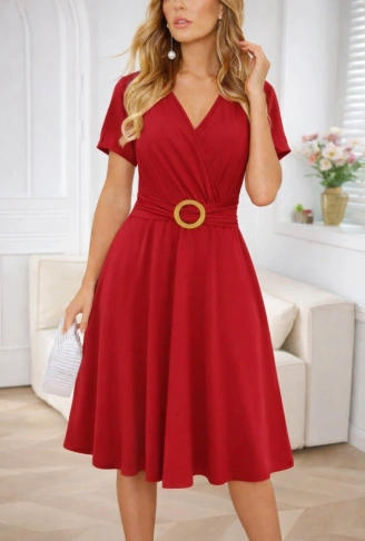 Kadın Kısa Kollu Kruvaze Yakalı önden Toka Detaylı Kısa Viskon Elbise