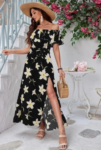 Kadın Kısa Kollu Madonna Yaka Fırfırlı Belden Yırtmaçlı Maksi örme Krep Elbise