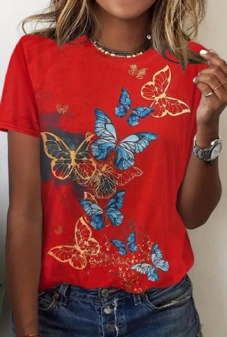 Kadın Kısa Kollu Mavi Sarı Kelebek Baskı Süprem Bluz