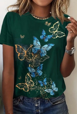 Kadın Kısa Kollu Mavi Sarı Kelebek Baskı Süprem Bluz