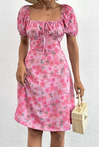 Kadın Kısa Kollu Mini çiçek Baskılı Bağcık Detay Süprem Midi Boy Elbise