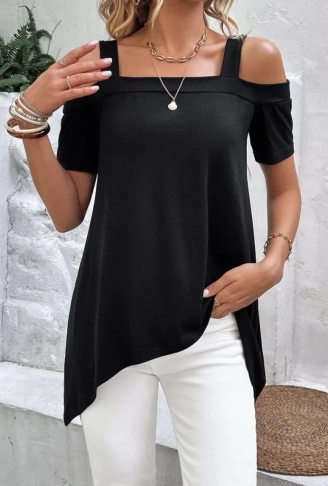 Kadın Kısa Kollu Omuzlardan Açık Askılı Asimetrik Kesim Viskon Bluz