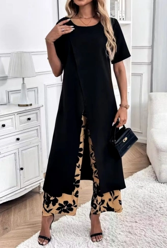 Kadın Kısa Kollu önden çapraz Detaylı Viskon Uzun Bluz Ve Desenli Iki Iplik Pantolon Ikili Takım