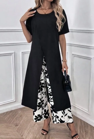 Kadın Kısa Kollu önden çapraz Detaylı Viskon Uzun Bluz Ve Desenli Iki Iplik Pantolon Ikili Takım