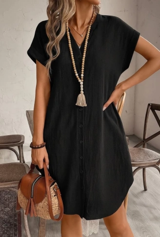 Kadın Kısa Kollu önden Düğmeli Ithal Keten Elbise