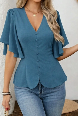 Kadın Kısa Kollu önden Düğmeli Ithal Krep Bluz