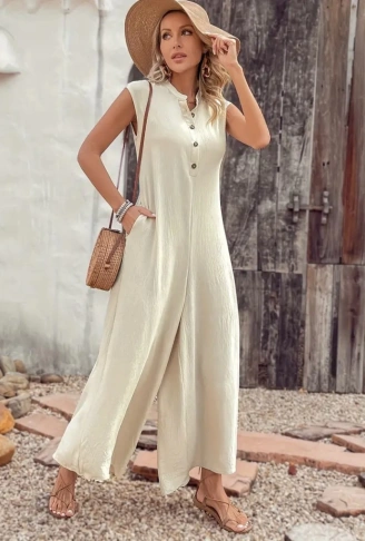 Kadın Kısa Kollu önden Düğmeli Paçaya Doğru Geniş Cepli Uzun Bürümcük Tulum