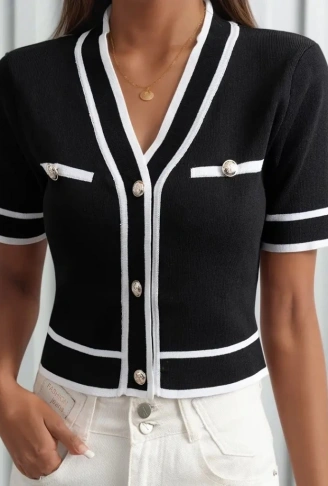 Kadın Kısa Kollu önden Düğmeli Triko Bluz