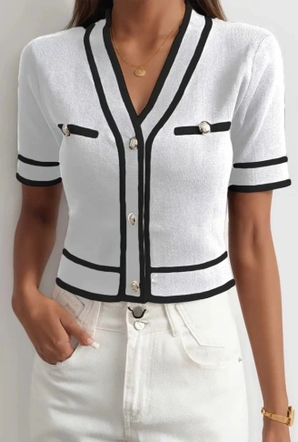 Kadın Kısa Kollu önden Düğmeli Triko Bluz