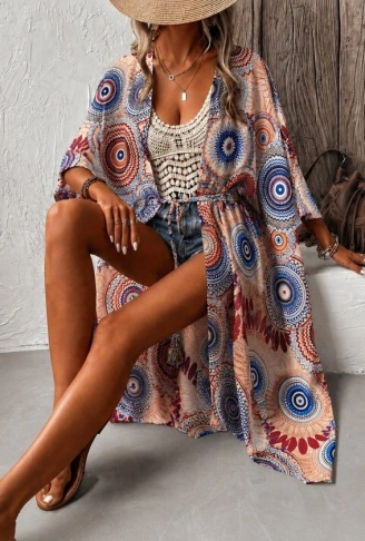 Kadın Kısa Kollu önü Açık Belden Kuşaklı Uzun Kimono