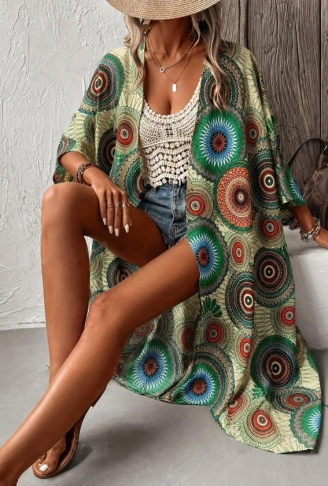 Kadın Kısa Kollu önü Açık Belden Kuşaklı Uzun Kimono