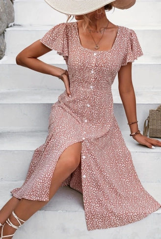 Kadın Kısa Kollu önü Düğmeli Volanlı Minik Leopar Desen Midi Viskon Elbise