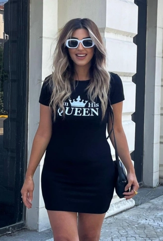 Kadın Kısa Kollu Queen Baskı Iki Iplik Mini Elbise