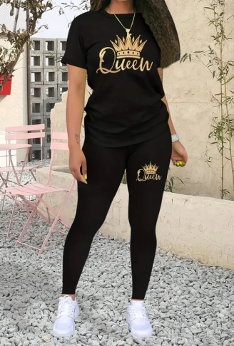 Kadın Kısa Kollu Queen Baskı Viskon Ikili Takım