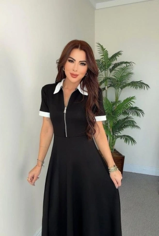 Kadın Kısa Kollu Ribana Ve Fermuar Detay Midi Boy Elbise