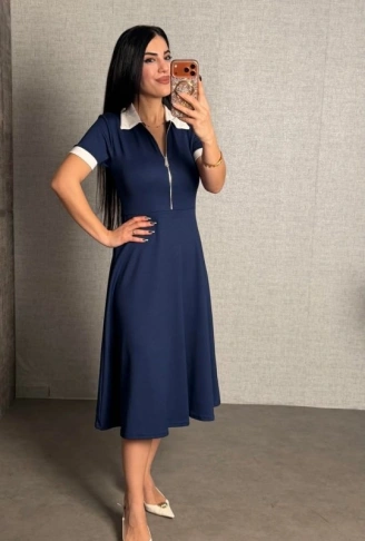 Kadın Kısa Kollu Ribana Ve Fermuar Detay Midi Boy Elbise