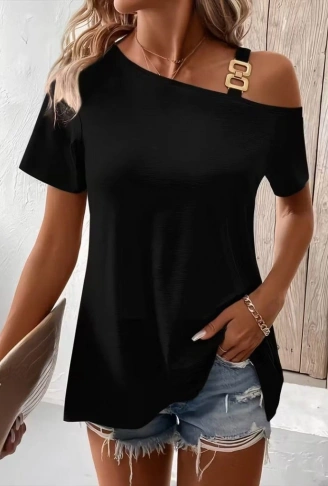 Kadın Kısa Kollu Tek Askı Detaylı Tokalı Viskon Bluz