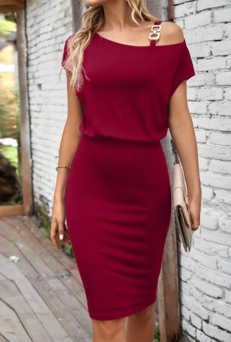Kadın Kısa Kollu Tek Omuz Askı Ve Aksesuar Detay Beli Lastikli Krep Elbise