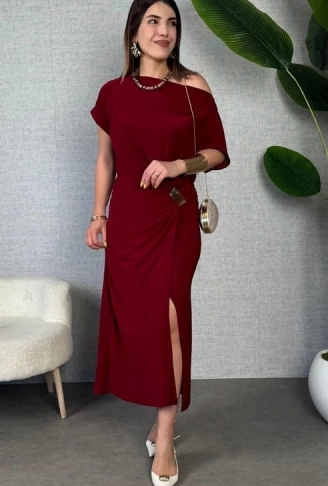 Kadın Kısa Kollu Tek Omuzdan Açık Beli Lastikli Sandy Maxi Elbise