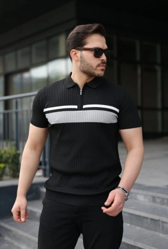 Erkek Örgü Desenli Renkli Kısa Kollu Triko Tişört