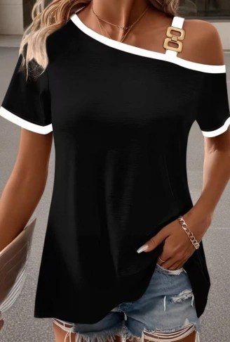 Kadın Kısa Kollu Tek Omuzu Açık Askı Toka Detaylı Viskon Bluz