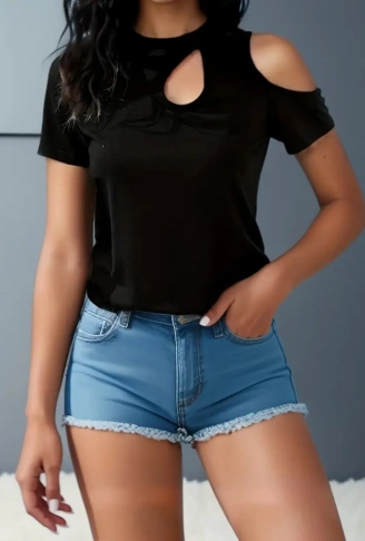 Kadın Kısa Kollu Tek Omuzu Açık Damla Detaylı Viskon Bluz