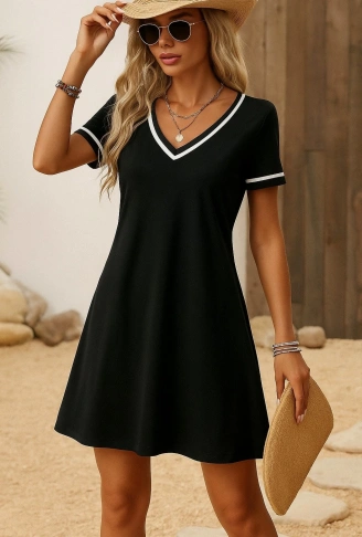 Kadın Kısa Kollu V çizgili Yakalı Kısa Viskon Elbise