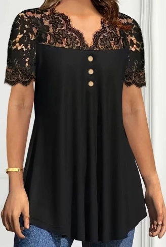Kadın Kısa Kollu V Dantel Yakalı Düğmeli Viskon Bluz