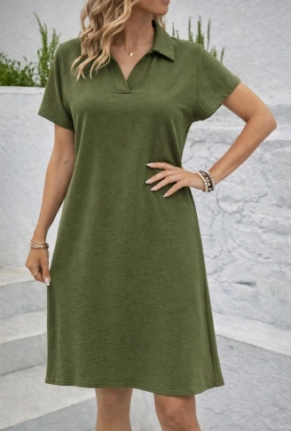 Kadın Kısa Kollu V Yaka Aerobin Kumaş Diz üstü Elbise
