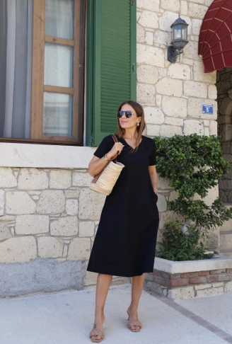 Kadın Kısa Kollu V Yaka Cepli Viskon Elbise