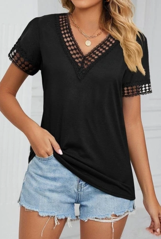 Kadın Kısa Kollu V Yaka Dantel Yakalı Viskon Bluz